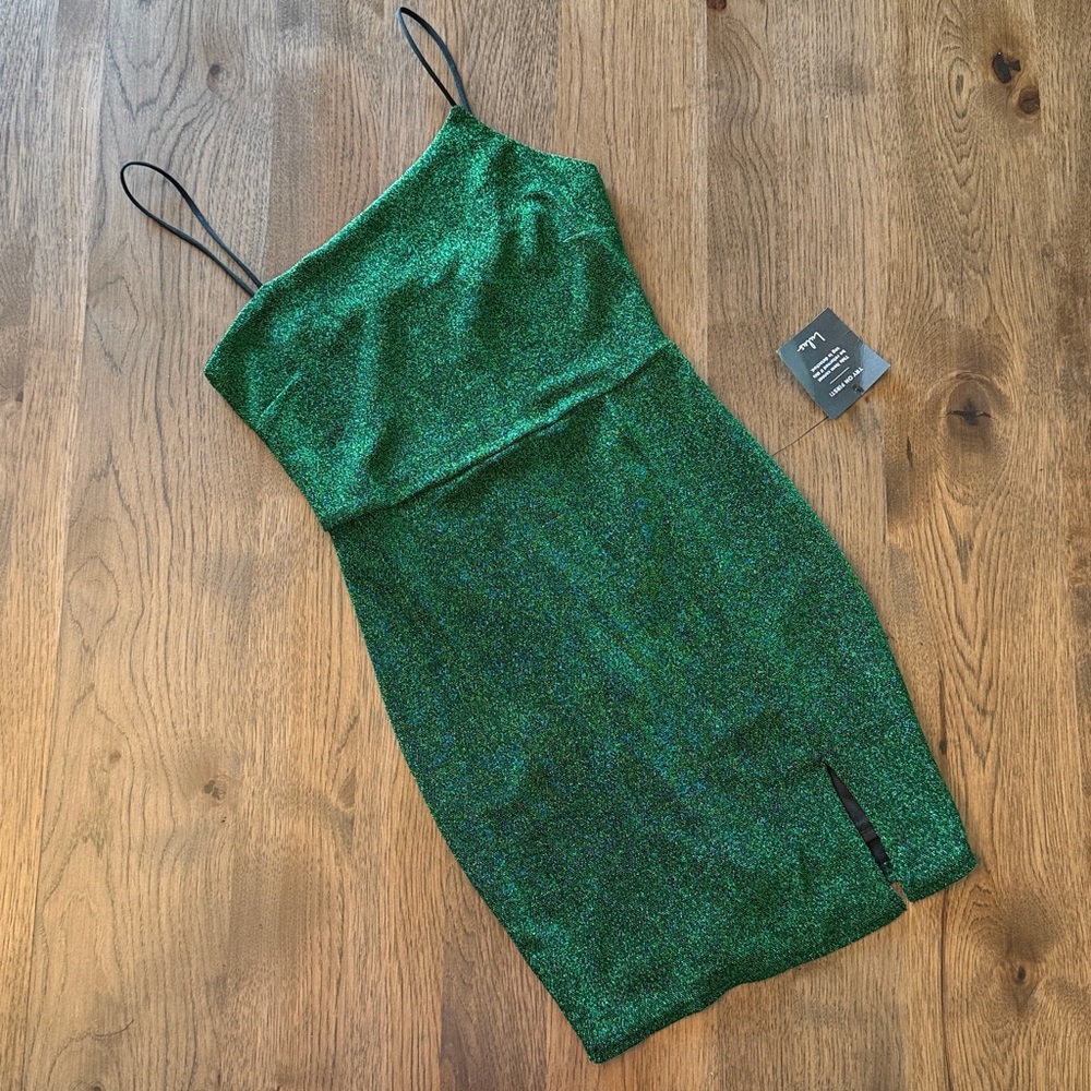 Lulus Women's Small Green Metallic Green Asymmetrical Dress